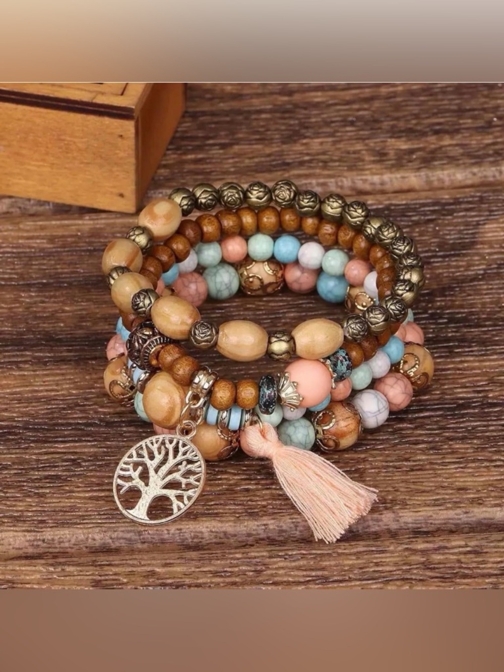 NWT~ 4pc Bohemian Vintage Wood Beaded Bracelets w/ Turquoise Accents